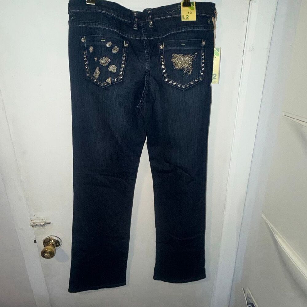 L2 JEANSWEAR Dark Denim Bootcut Y2K Embellished Pocket Jeans-13 NWT!